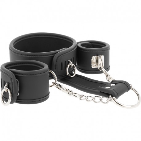 Kit de bondage collier et menottes en similicuir et néoprène
