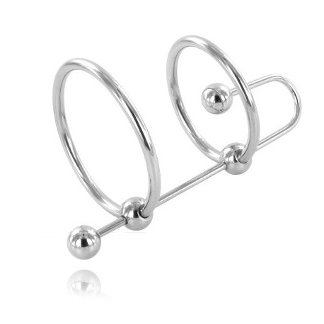 Double cockring en acier inox avec plug d'urètre et boule sperm-stopper Double cockring en acier inox avec plug d'urètre et boule sperm-stopper