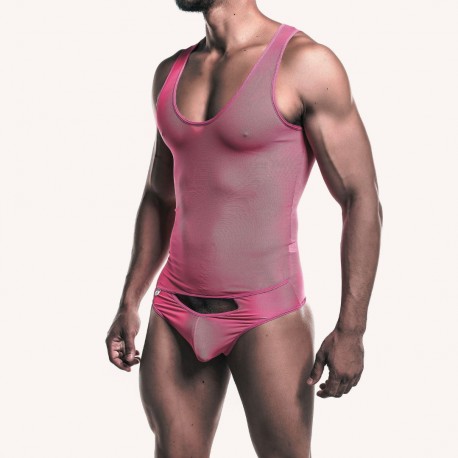 Body sexy en nylon rose pour homme - Lingerie soumis Malins-Plaisirs