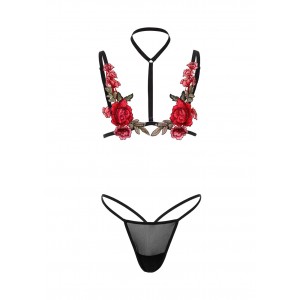 Soutien-gorge harnais roses rouges - Lingerie BDSM Malins-Plaisirs