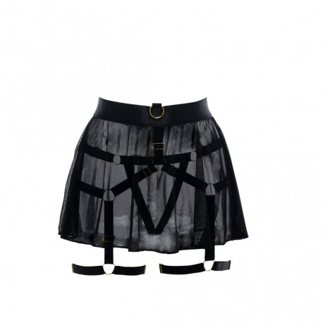 Mini jupe en mesh noir transparent avec harnais porte-jarretelles