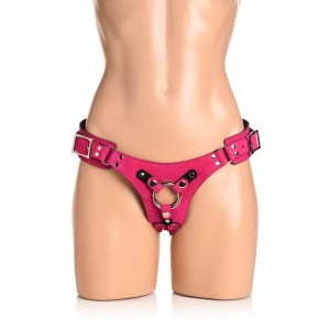 harnais strapon rose en cuir – vue de face
