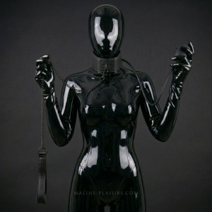 Collier BDSM gonflable en similicuir végan noir avec laisse métallique
