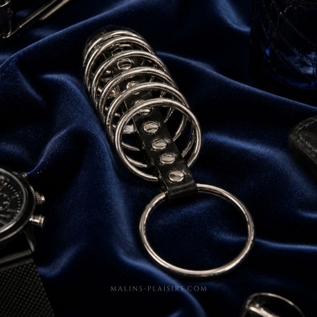 Cockring long KINK 7 anneaux métal et cuir – vue complète